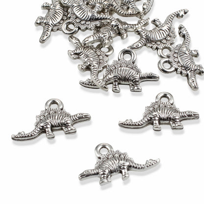 Tiny Dinosaur Charms 25-Pack, Antique Silver Metal Pendants, Whimsical Jewelry Supply