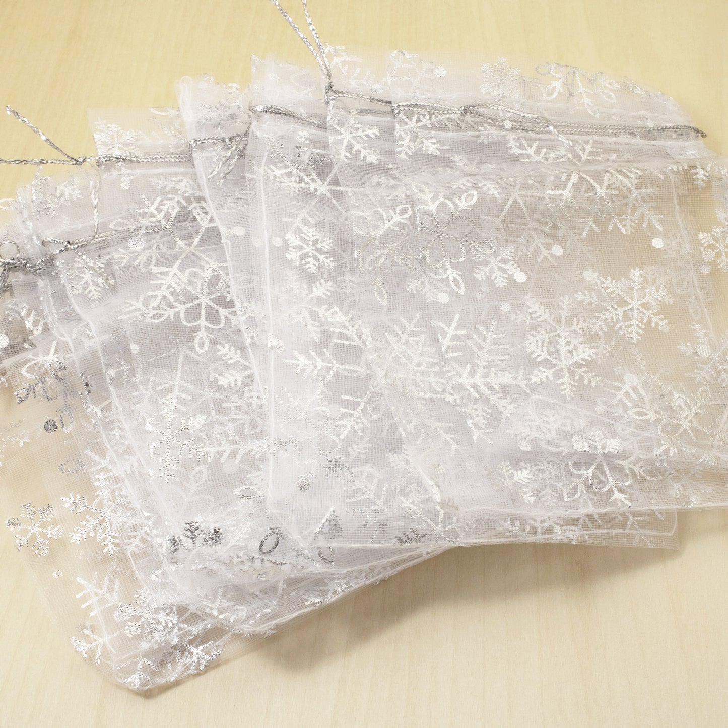 10 White Snowflake Christmas Bags, Organza Holiday Gift Treat Bag