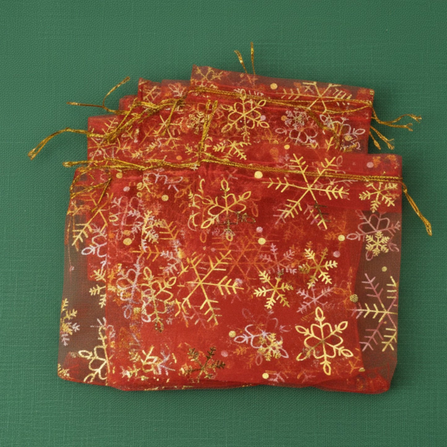 Red Snowflake Organza Gift Bags: Sheer Christmas Drawstring Pouches Gold Snowflake Holiday Packaging 10 Pack USA