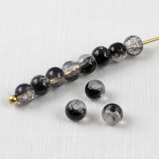 4mm Black & Clear Round Glass Crackle Beads, Two-Tone Double Color 200/Pkg