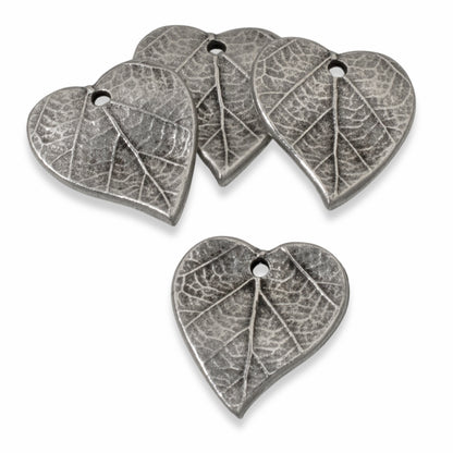 Heart Leaf Charms, 4-Pack Antique Pewter Nature Jewelry Making, Fall Botanical
