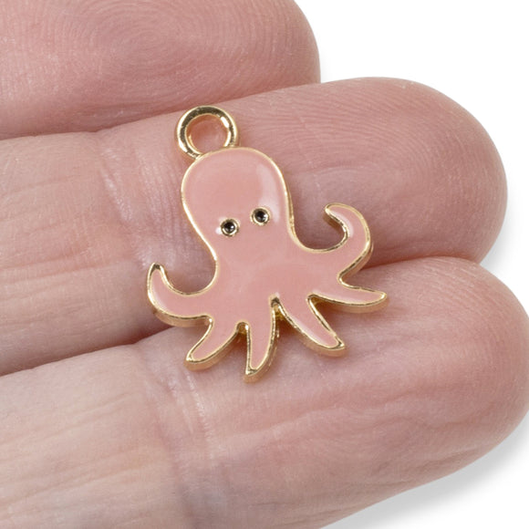 6 Pink Enamel Octopus Charms - Whimsical Pendants for Sea Life Jewelry & Crafts