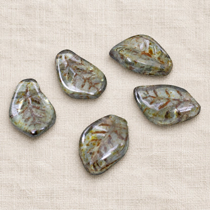 Green Leaf Beads with Bronze Wash, 25-Pack Czech Glass Autumn Nature Jewelry Making