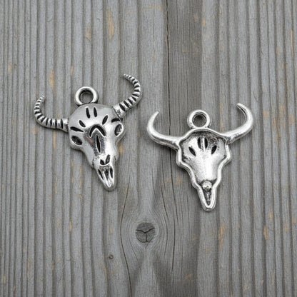 Silver Cow Skull Charms: Western Longhorn Bull Skeleton Jewelry 15-Pack