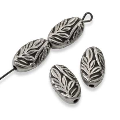 Botanical Leaf Beads 4-Pack, Antique Pewter Oval Beads 8x13mm, Nature Design Spacers