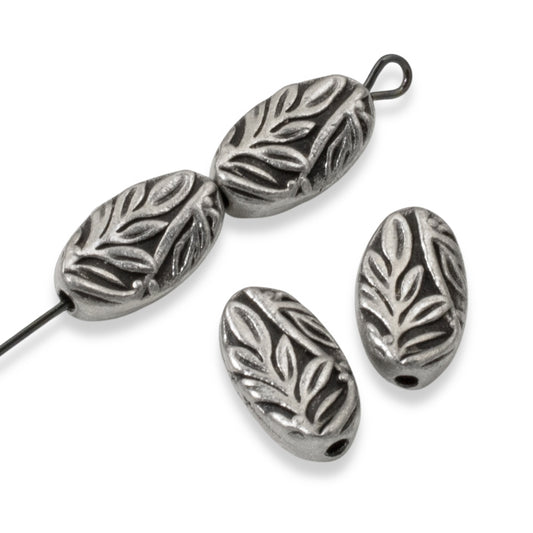 Botanical Leaf Beads 4-Pack, Antique Pewter Oval Beads 8x13mm, Nature Design Spacers
