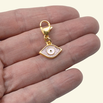 Gold Evil Eye Charm: 24K Gold Plated Pink Glitter Enamel Clip On Lobster Clasp Protection Symbol 1-1/8 Inch