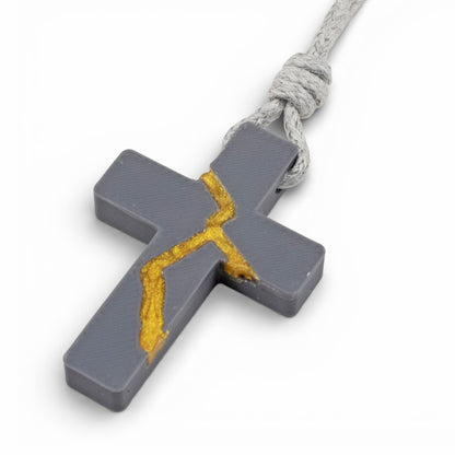 Gray Kintsugi Cross Necklace, Inspirational Wearable Art, Handmade Pendant, Meaningful Gift, Japanese Philosophy Jewelry