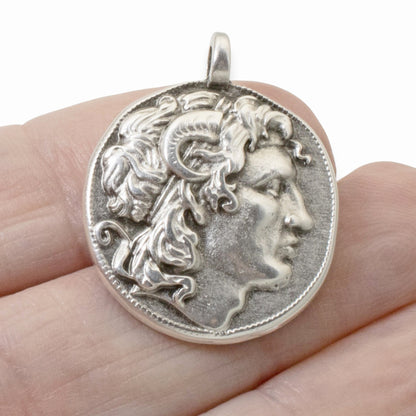 Alexander the Great Pendant, Sterling Silver Plated European Charm, Double-Sided Classical Ancient Greek Coin 1Pc