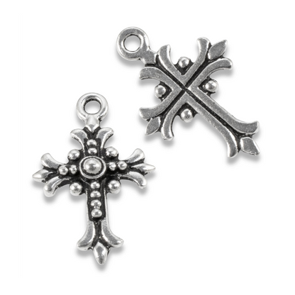 Fleur Cross Charms: Antique Silver Faith Necklace Rosary Pendant 2-Pack