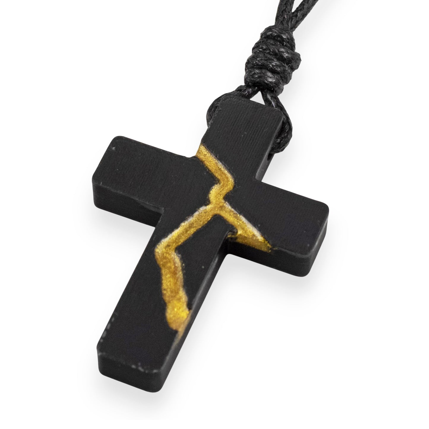 Black Kintsugi Cross Necklace, Inspirational Wearable Art, Handmade Pendant, Meaningful Gift, Japanese Philosophy Jewelry