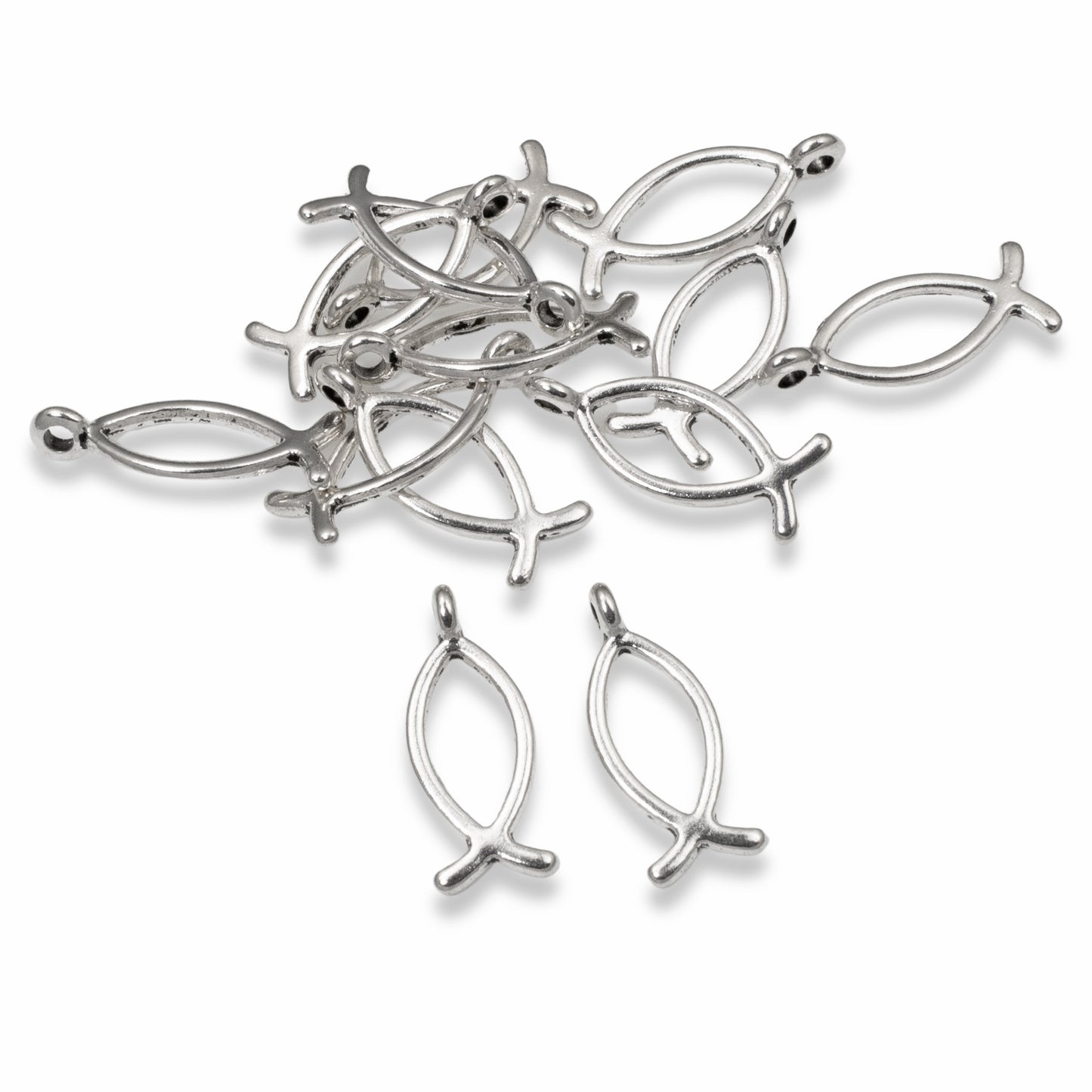 25 Jesus Fish Charms - Silver Metal Ichthys Pendants - Christian Jewelry Making