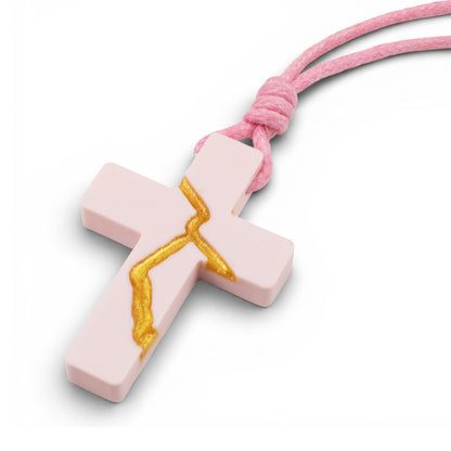 Pink Kintsugi Cross Necklace, Inspirational Wearable Art, Handmade Cross Pendant, Meaningful Gift, Japanese Philosophy Jewelry