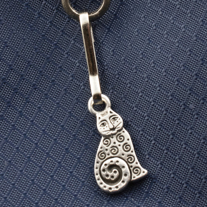 Silver Sitting Cat Zipper Charm: Double Sided Spiral Design Bag Journal Keychain Gift for Cat Lovers