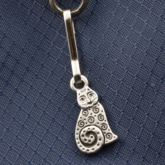 Silver Sitting Cat Zipper Charm: Double Sided Spiral Design Bag Journal Keychain Gift for Cat Lovers