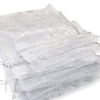 10 White Snowflake Christmas Bags, Organza Holiday Gift Treat Bag