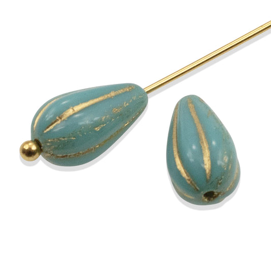 Turquoise Teardrop Beads Gold Wash: 8-Pack Czech Glass Raven's Journey 13x8mm