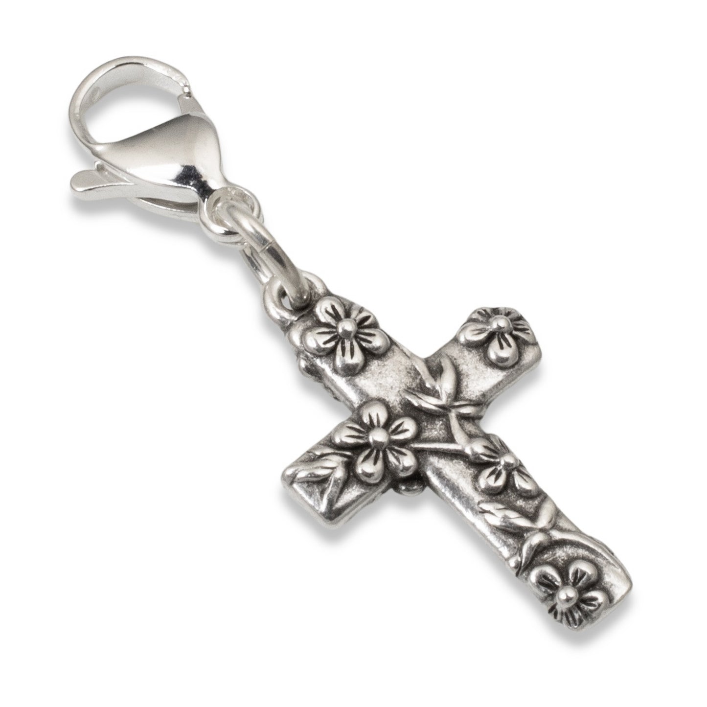 Silver Floral Cross Clip-on Charm, Religious Bag Accessory, Faith Jewelry