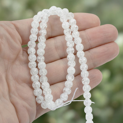 Clear Crackle Glass Beads 6mm Winter White, Snowy Holiday Jewelry Making