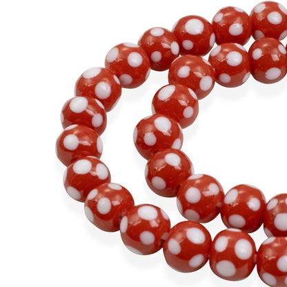 Red with White Dots Lampwork Glass Beads, Handmade Indonesian, 8mm 17" Strand