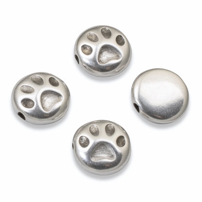 Paw Print Beads 4-Pack Silver Plated Pet Memorial Dog Cat Jewelry Making 9mm