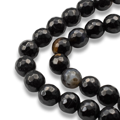Faceted Black Agate Beads: 8mm Round Gemstone Strand Natural Stone 48 Pcs