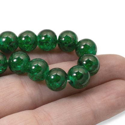 Emerald Green Crackle Beads 30-Pack, 10mm Round Glass Beads, Christmas Holiday Jewelry & Crafts