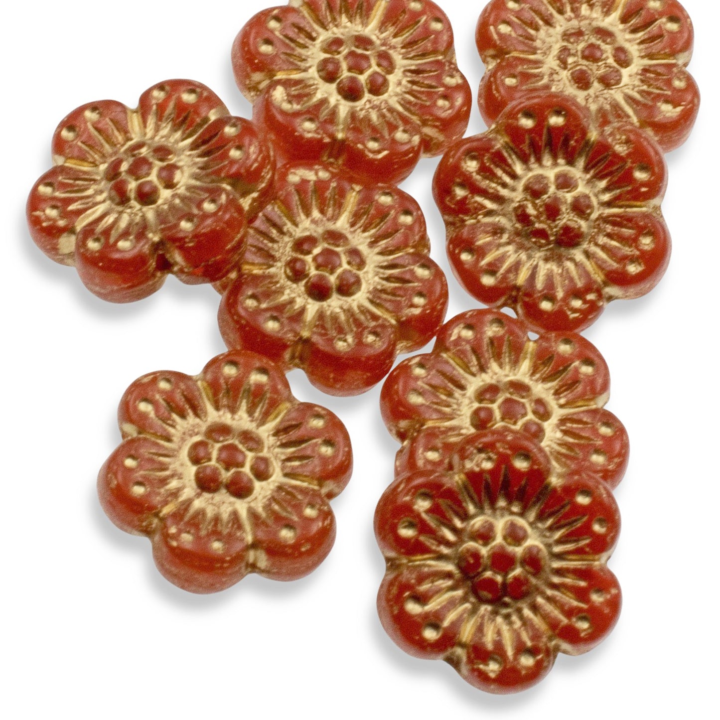 Wild Rose Czech Glass Beads, 8-Pack Burnt Orange Opaline Gold Wash, Flower Beads