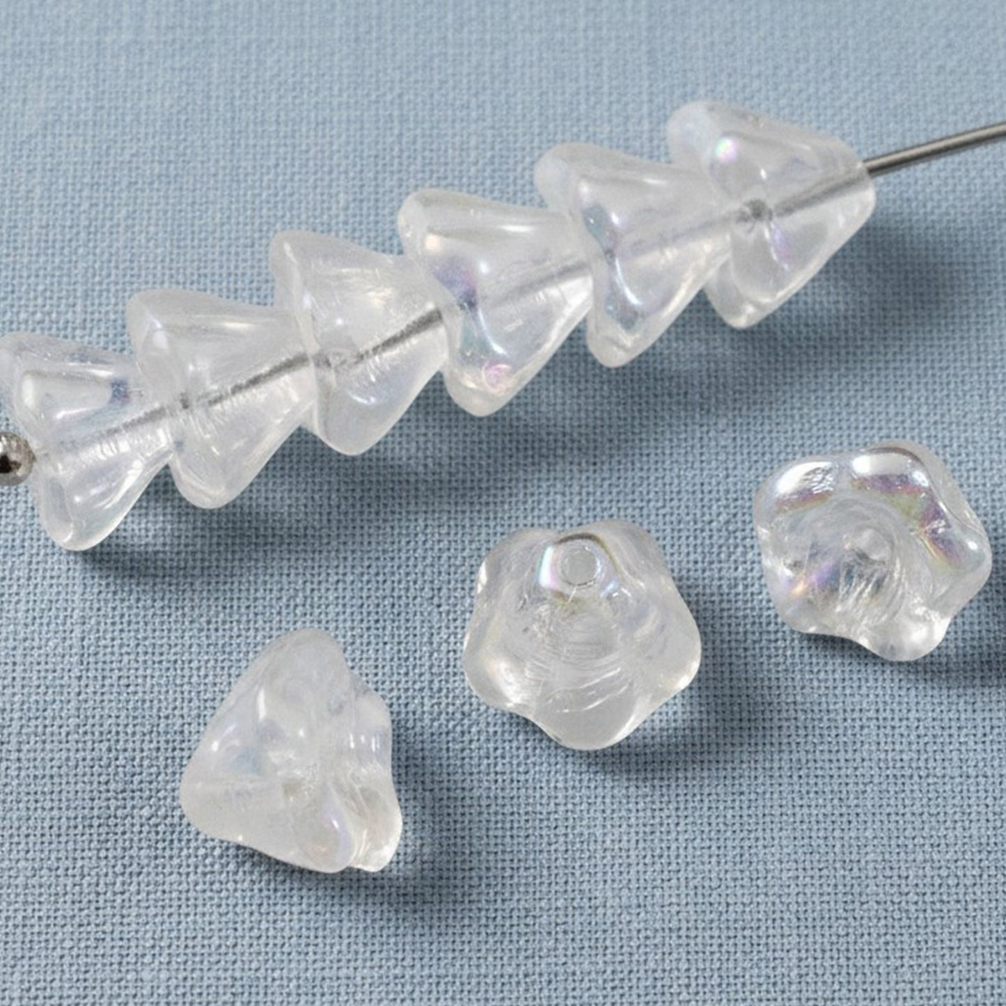 Crystal Clear AB Bell Flower Beads: Czech Glass 6x8mm Iridescent 25-Pack