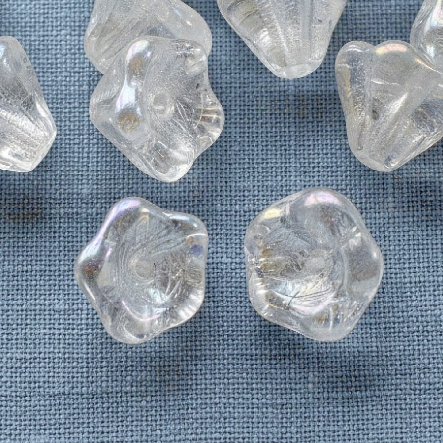 Crystal Clear AB Bell Flower Beads: Czech Glass 6x8mm Iridescent 25-Pack