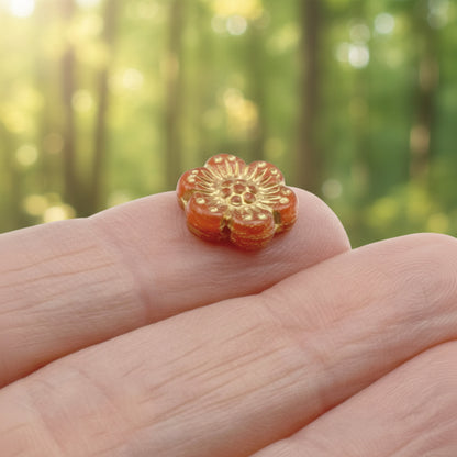 Wild Rose Czech Glass Beads, 8-Pack Burnt Orange Opaline Gold Wash, Flower Beads