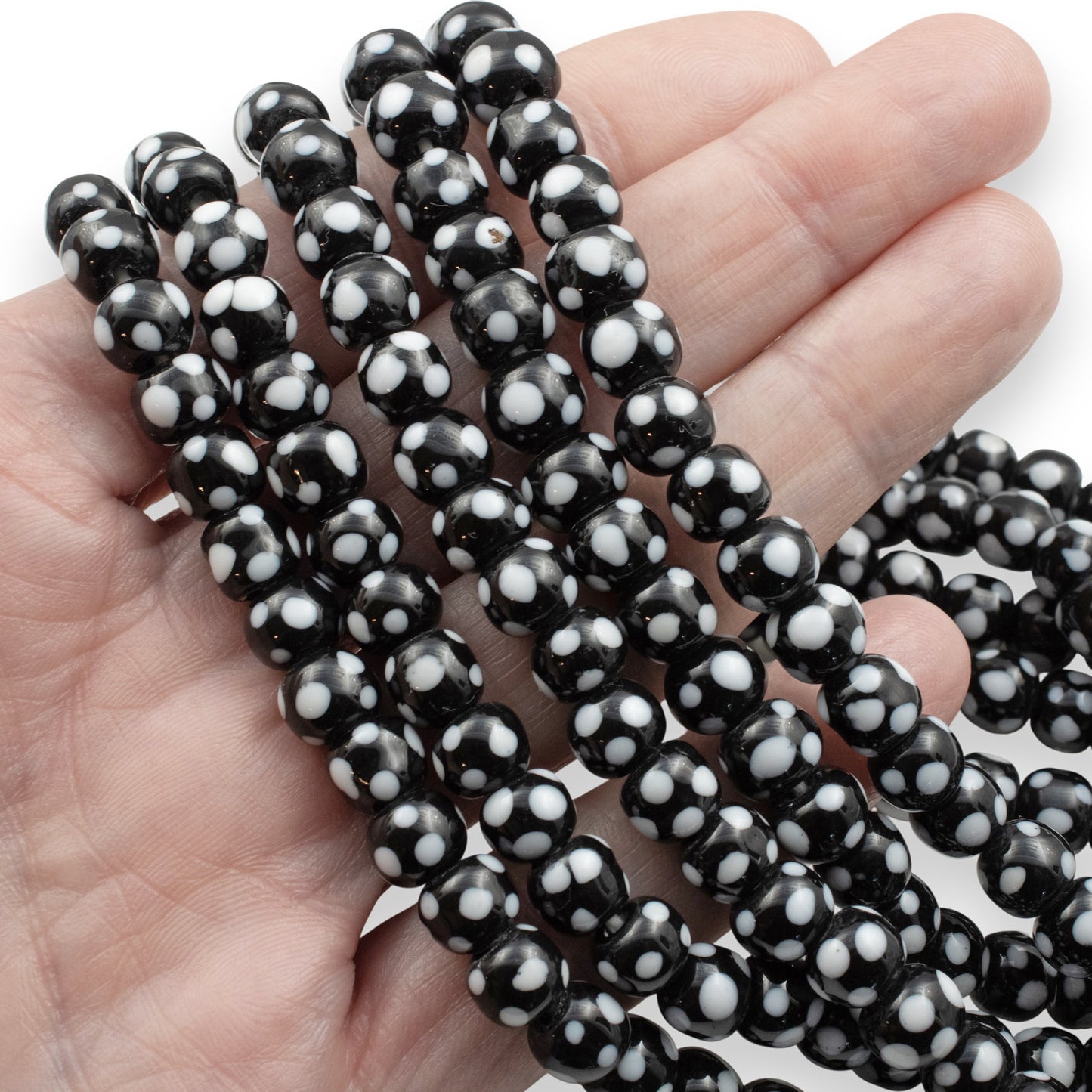 Black Glass Lampwork Beads with Light Gray Dots, Handmade Indonesian Beads, 6-8mm Round, 17" Strand 60-65 Beads