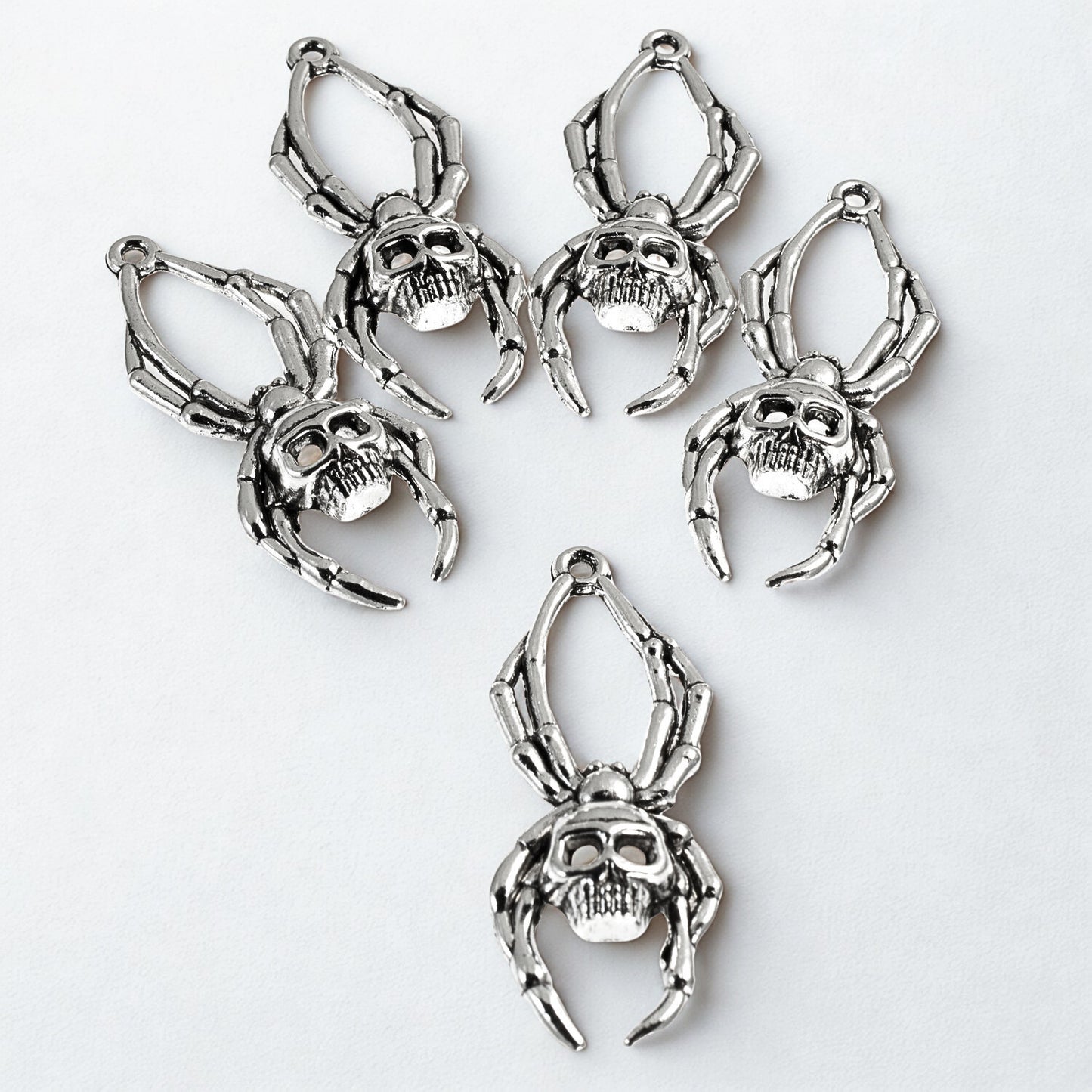 Skull Spider Charms Silver, 5-Pack Halloween Skeleton Pendants, Gothic Jewelry Making