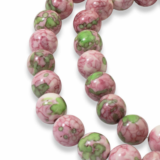 Pink Green Rain Flower Stone Beads: 10mm Impressionist Pattern DIY Jewelry