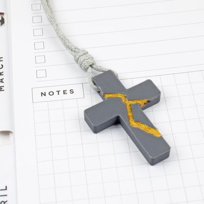 Gray Kintsugi Cross Necklace, Inspirational Wearable Art, Handmade Pendant, Meaningful Gift, Japanese Philosophy Jewelry