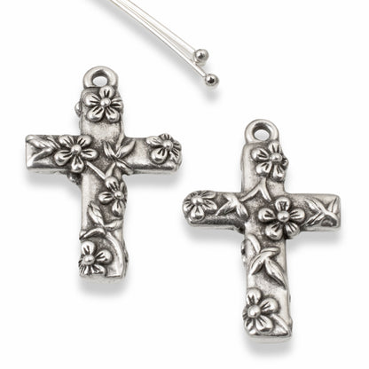 Silver Floral Cross Pendants, Silver-Plated Pewter Charms, DIY Rosary Making, Religious Jewelry Supplies, Bridal Keepsake Components, 2 Pack