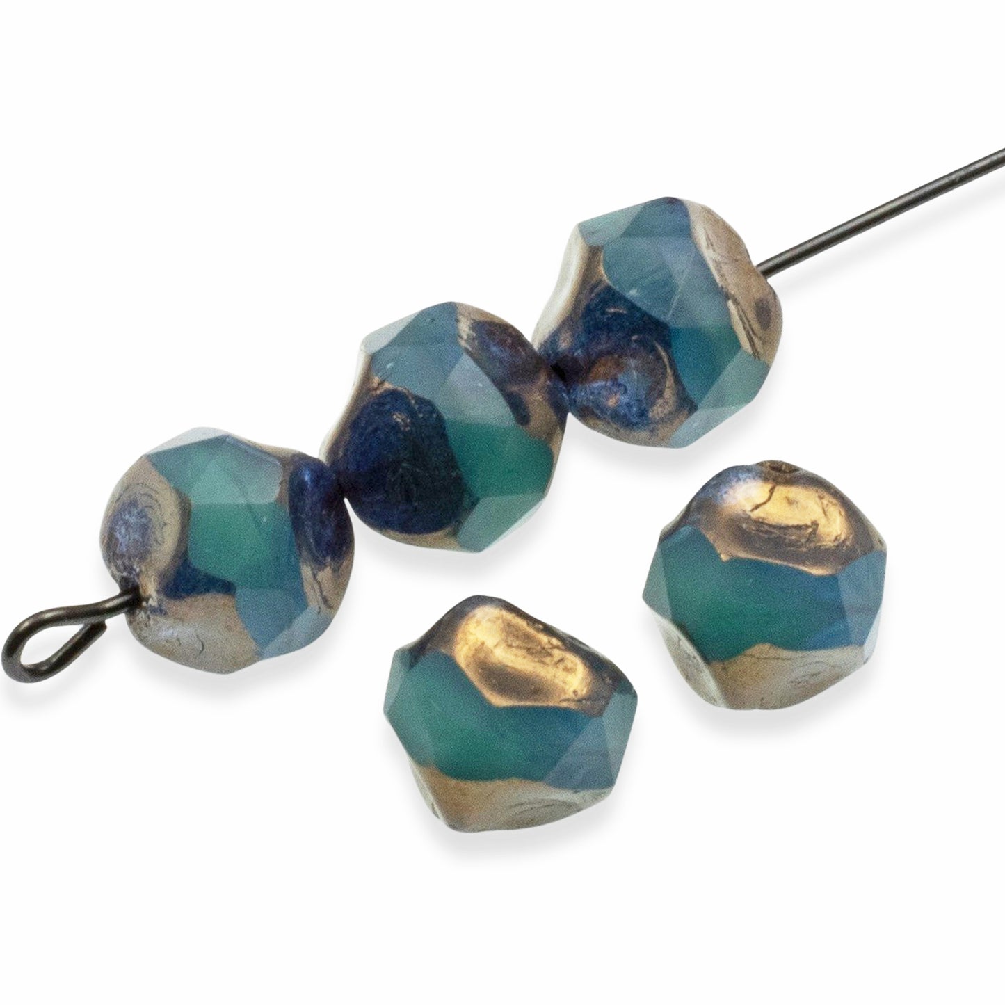 Turquoise Aqua Blue Bronze 9mm Baroque Central Cut - Raven's Journey Czech Glass - 10-Pack