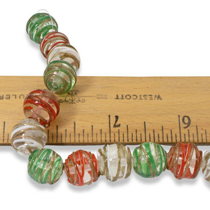 Set of 12 Christmas Lampwork Beads, Red, Green, White Swirl, 12mm Round