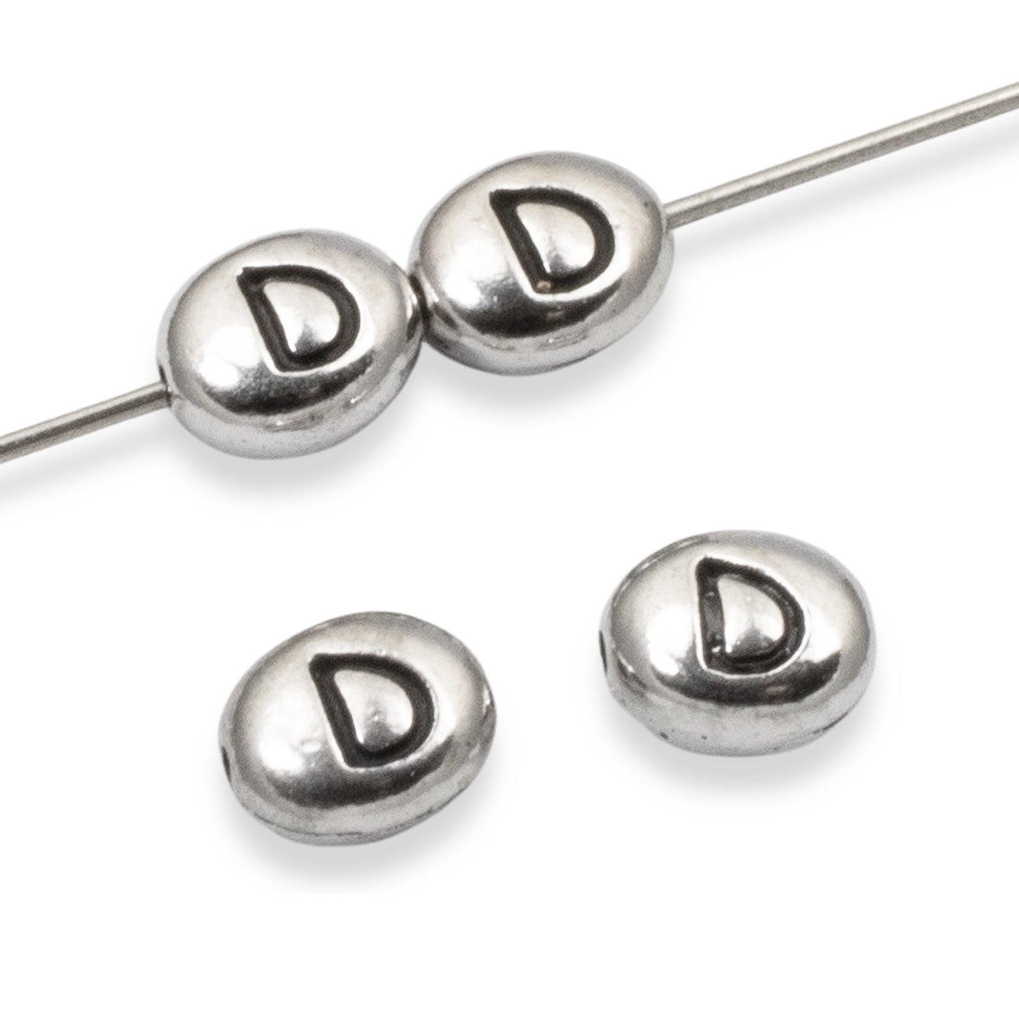 4 Silver "D" Alphabet Beads, Oval Initial Letter For Personalized Jewelry Making