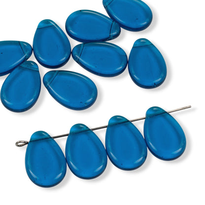 12 Capri Blue Czech Glass Teardrop Beads, Tip Drilled 12x18mm Flat Pear Pendant Loose, Ocean Blue Coastal Jewelry Supply