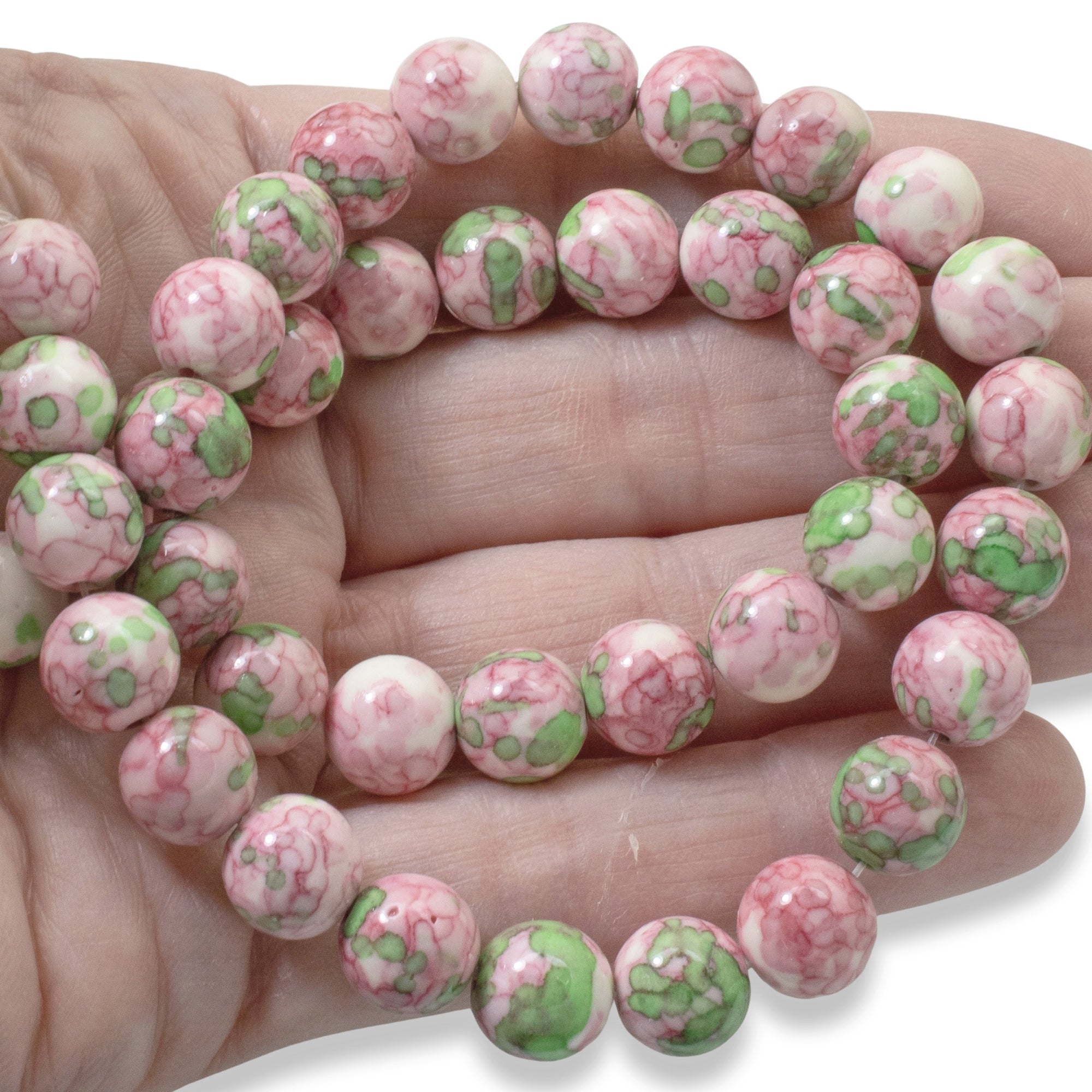 10mm Pink and Green Round Rain Flower Stone Beads | Hackberry Creek