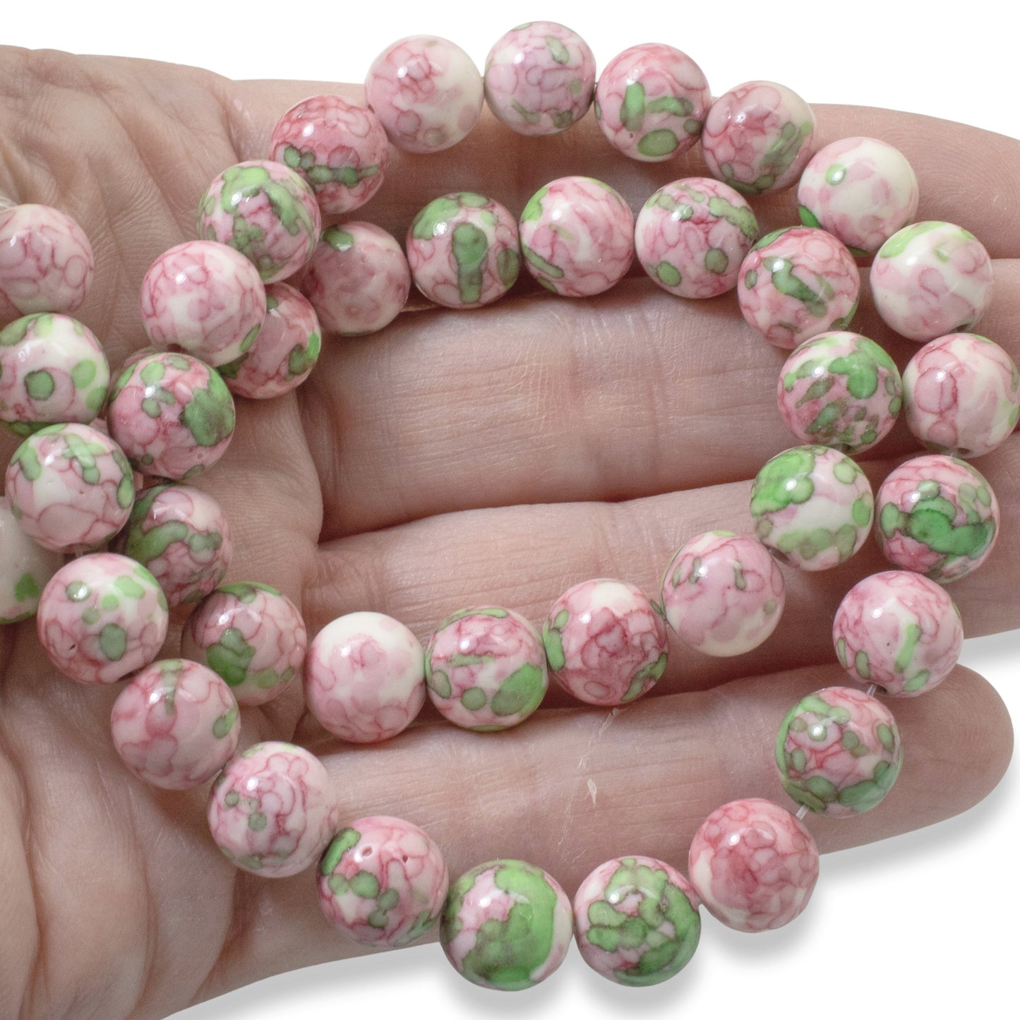 Pink Green Rain Flower Stone Beads: 10mm Impressionist Pattern DIY Jewelry