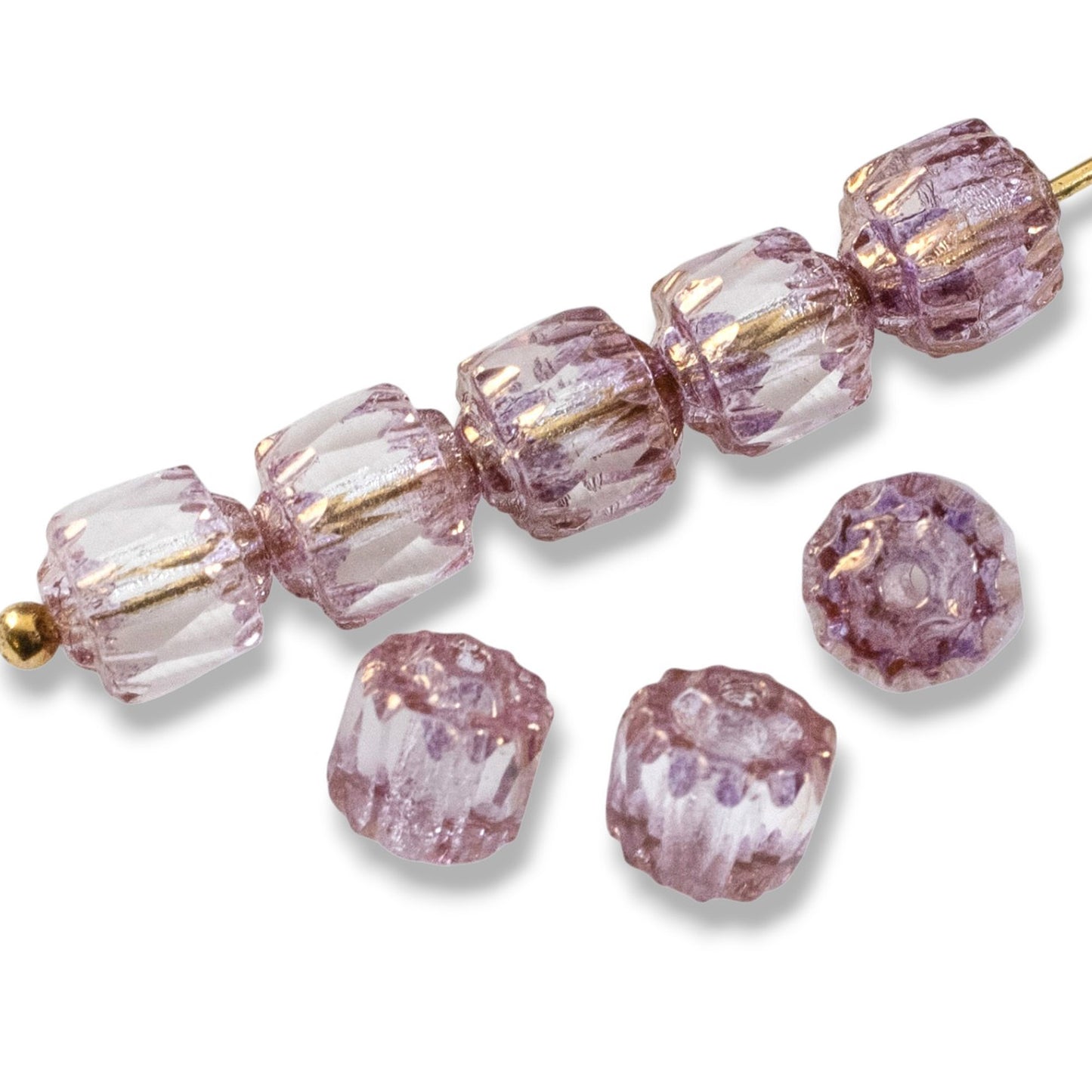 25/Pkg Clear & Pink Faceted 6mm Crown Cathedral Beads, Czech Glass + Bronze Ends