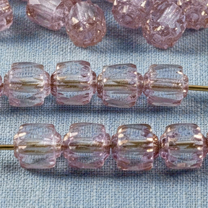 25/Pkg Clear & Pink Faceted 6mm Crown Cathedral Beads, Czech Glass + Bronze Ends