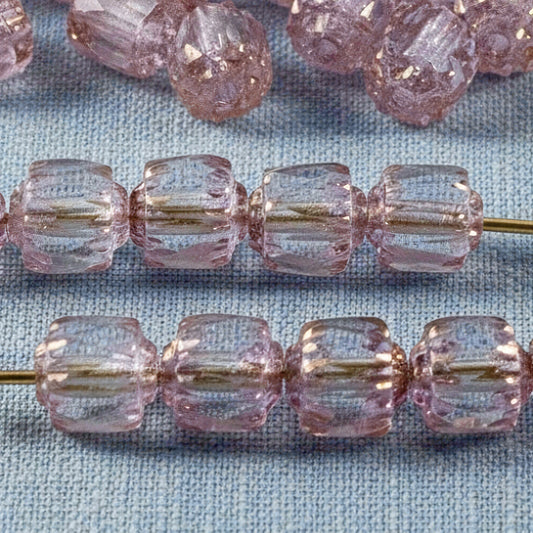 25/Pkg Clear & Pink Faceted 6mm Crown Cathedral Beads, Czech Glass + Bronze Ends