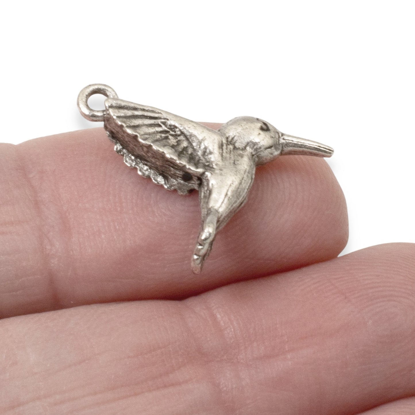 2 Pc Silver Hummingbird Charms, Fine Silver-Plated Nature Jewelry, Rustic Birds