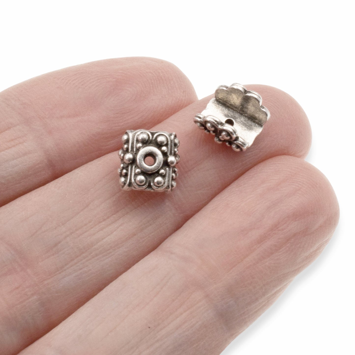 Silver Bead Caps for Gemstones, 8mm Decorative Pendant Saddle Caps, Ornate 4-Pack