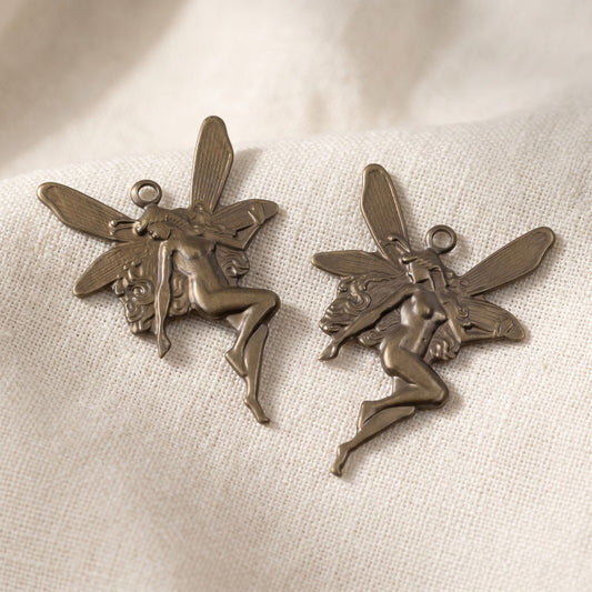 Brass Art Nouveau Fairy Charm Antiqued Whimsical 4-Pack