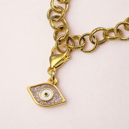 Gold Evil Eye Charm: 24K Gold Plated Pink Glitter Enamel Clip On Lobster Clasp Protection Symbol 1-1/8 Inch