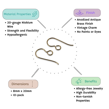 10 Antique Brass Niobium Ear Wires - Regular Loop - Hypoallergenic Earring Hooks